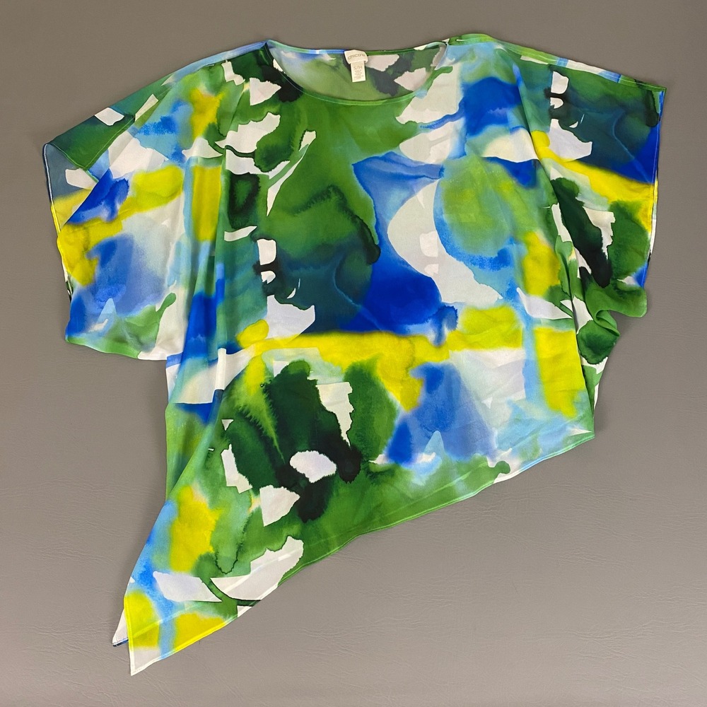 Chico's Asymmetrical Top Women's Size S/M Abstract Print Hem Green Blue Yellow‎